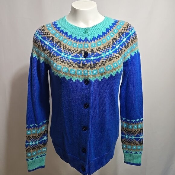Talbots Nordic Fair Isle Cardigan Sweater Womens Size XS Lambswool Blend Blue - Picture 1 of 8